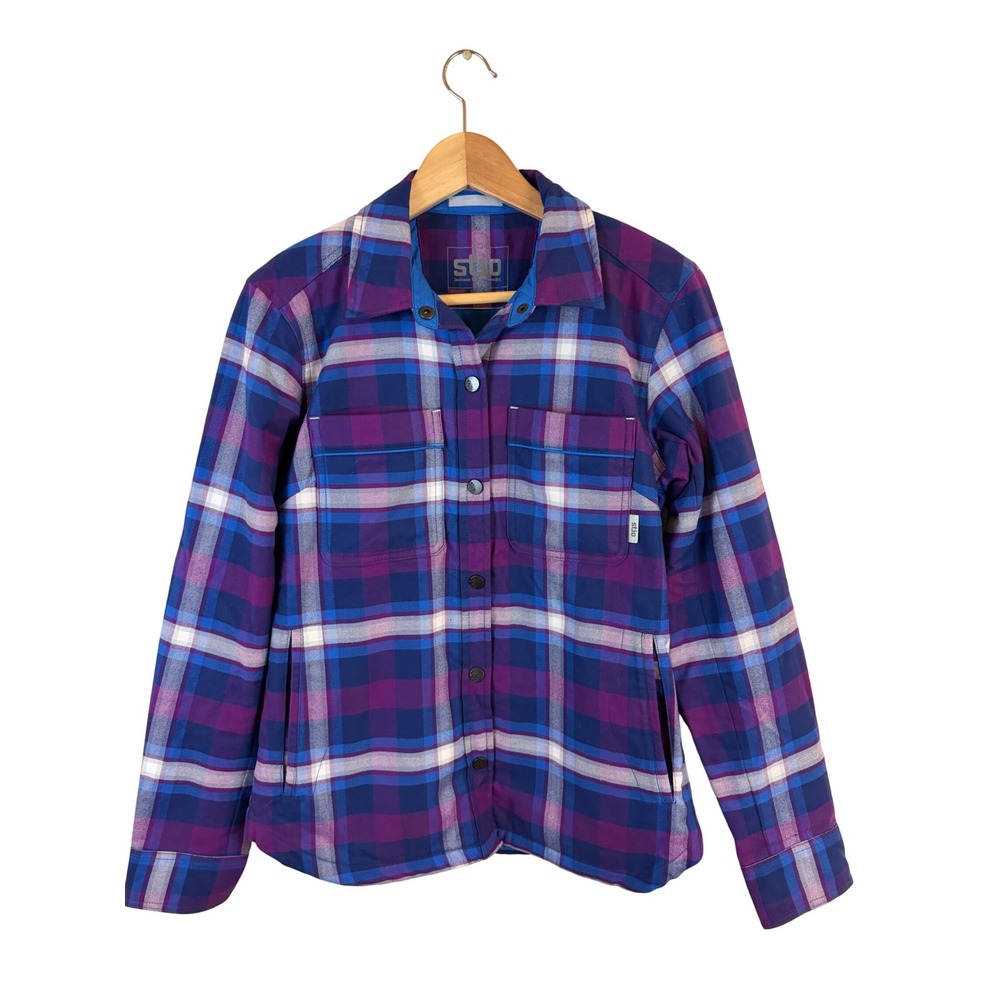 Stio Plaid Insulated Shirt Jacket Women S Purple Blue Plaid Thermore Snap